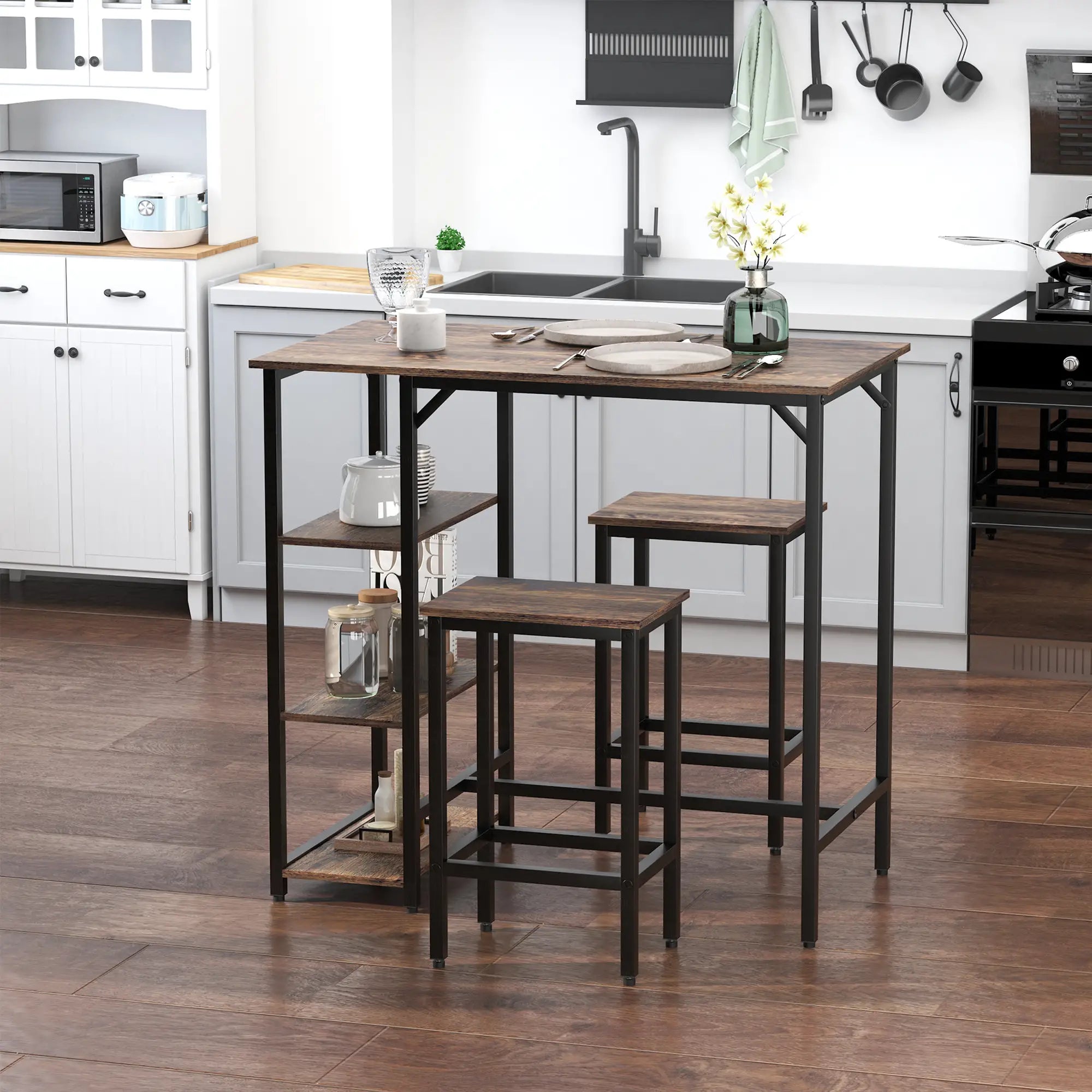 Industrial Dining Table Set for 2, Counter Height, Rustic Brown, Brown Bar Sets at Gallery Canada