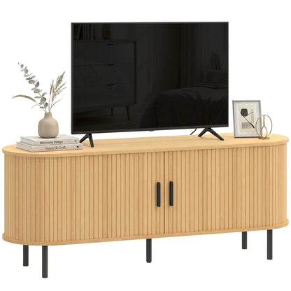 TV Stand for TVs up to 60", Modern Entertainment Center with Curved Sliding Doors, Natural Wood