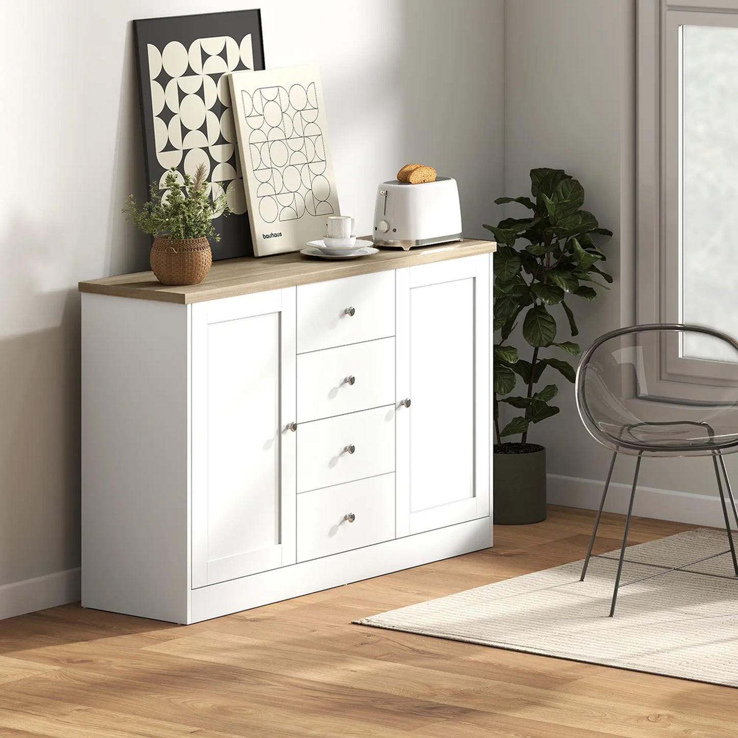 Country Style Sideboard Buffet, Coffee Bar Cabinet, Adjustable Shelf, 2 Shaker Doors, 4 Drawers, White Bar Cabinets at Gallery Canada