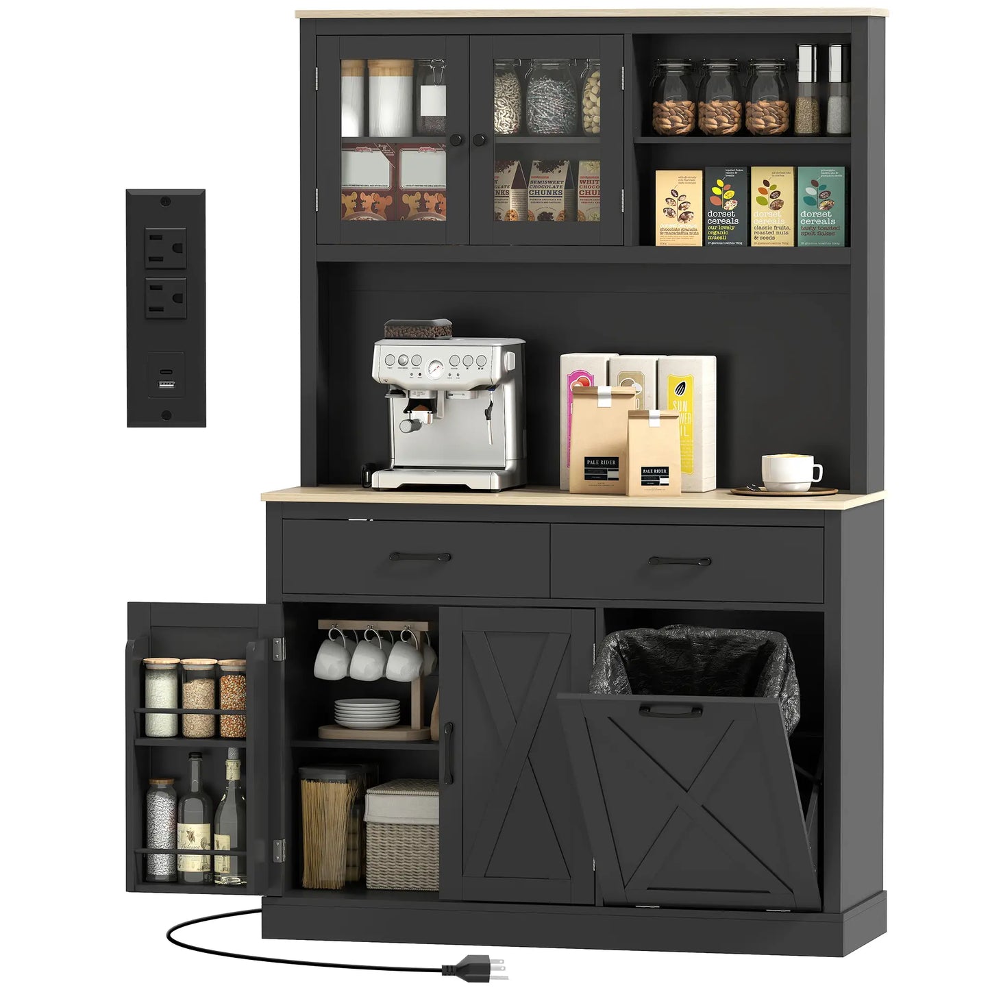 69 Inch Pantry Cabinet with Charging Station, Microwave Stand, Tilt-Out Trash Can, Black Kitchen Pantry Cabinets Black, Oak at Gallery Canada