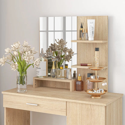 Vanity Table with Mirror, Drawer, Storage Shelves, 35.4 x 15 x 54.3 Inches, Natural Wood Dressing & Vanity Tables at Gallery Canada