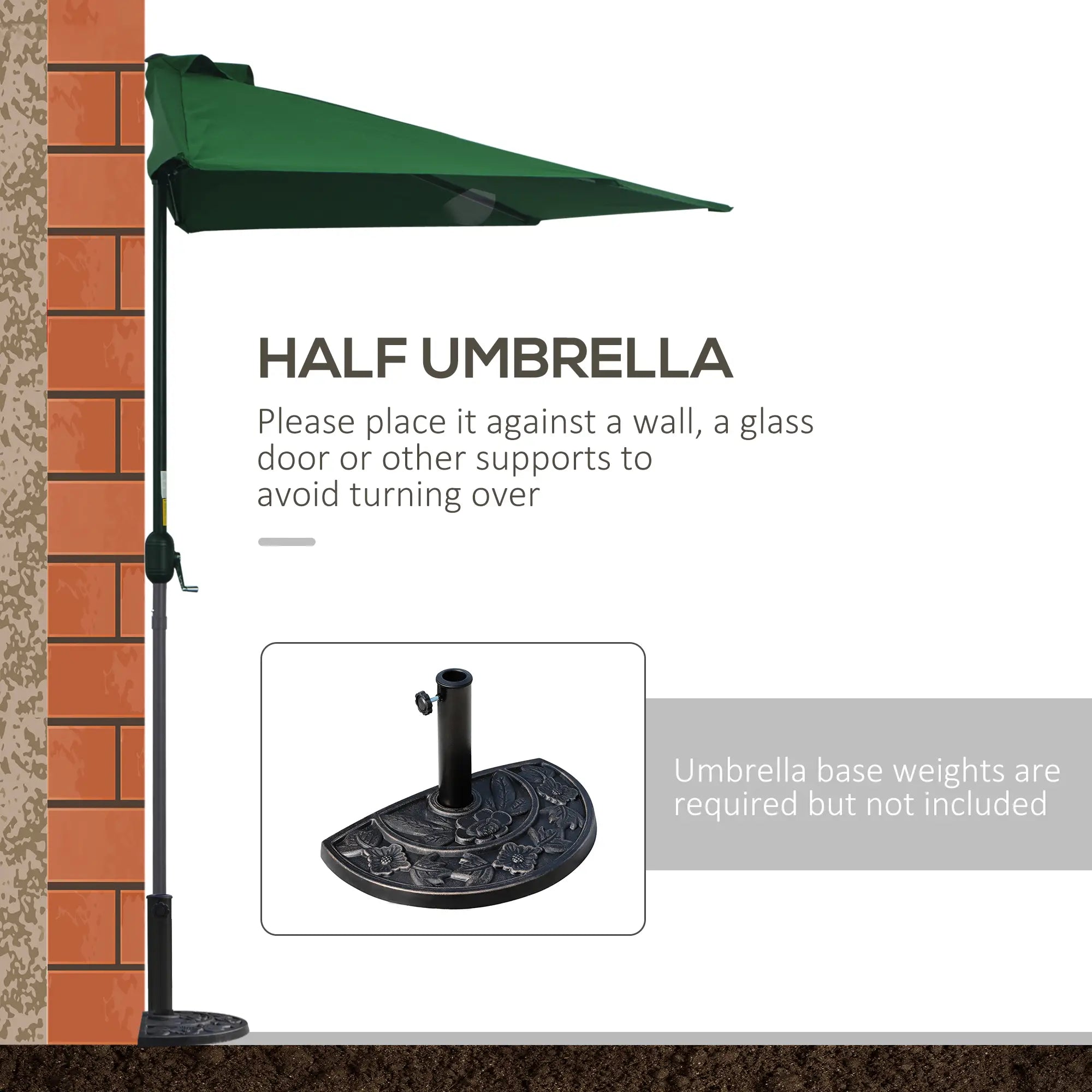 9.8ft Half Umbrella, Semi Round Patio Parasol, Crank Handle, Top Vent, Green Half Round Umbrellas at Gallery Canada