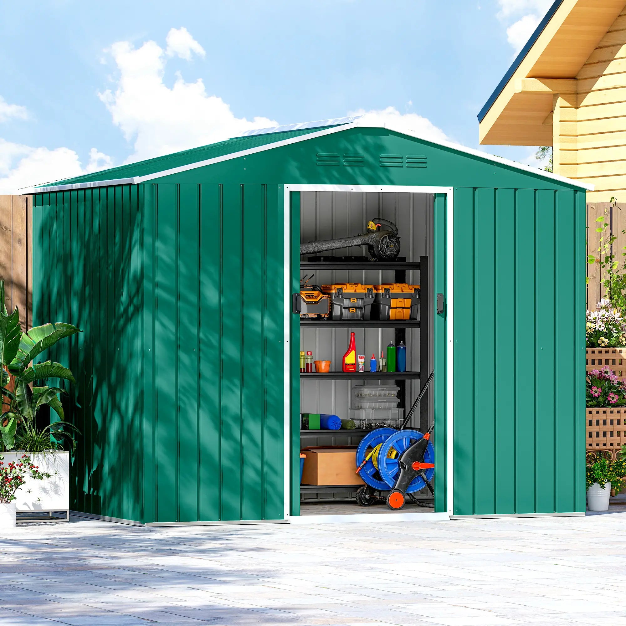 8' x 6' Metal Outdoor Storage Shed, Lockable Sliding Doors, Green Sheds at Gallery Canada