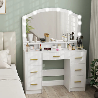 Makeup Vanity with Mirror, 10 LED Lights, 3 Color Adjustable, 7 Drawers, White Dressing & Vanity Tables at Gallery Canada
