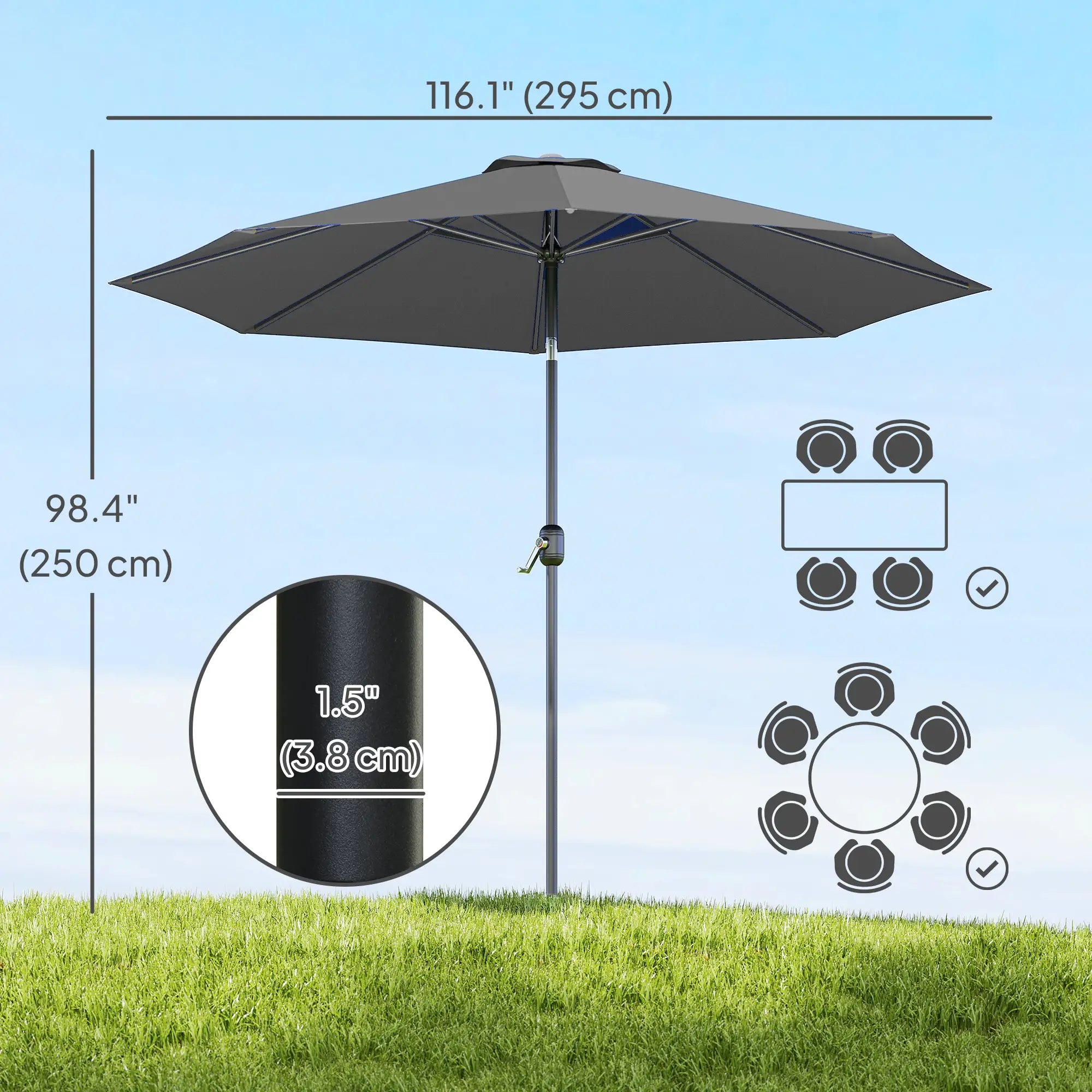 10' x 8' Round Market Umbrella, Crank Handle, Tilt, Grey Sun Umbrellas at Gallery Canada