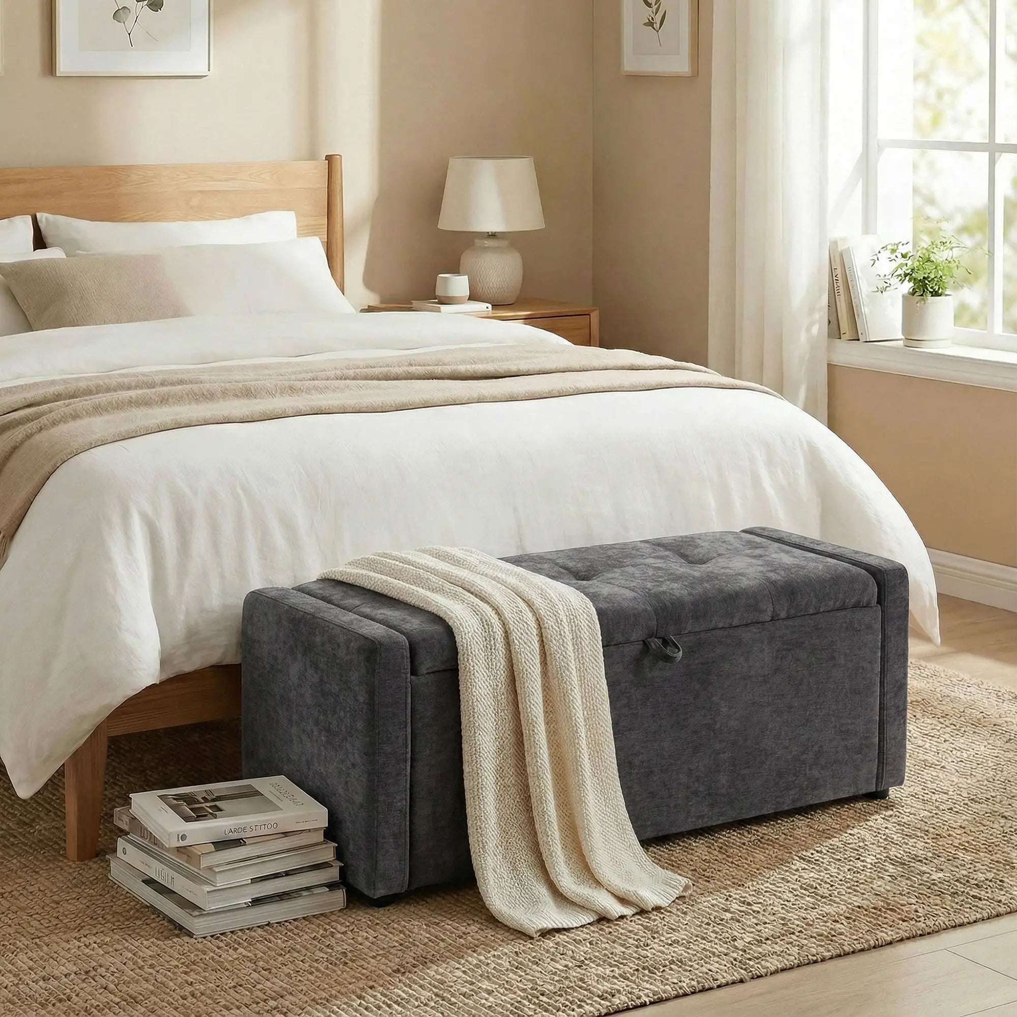 Storage Ottoman Bench, Linen Fabric, Wide Padded Seat, Dark Grey Storage Ottomans & Benches at Gallery Canada