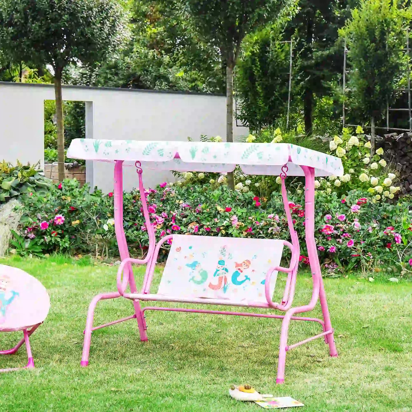 2-Seat Kids Porch Swing, Outdoor Chair with Canopy, Seat Belt, Mermaid, Pink Gym Sets & Swings at Gallery Canada