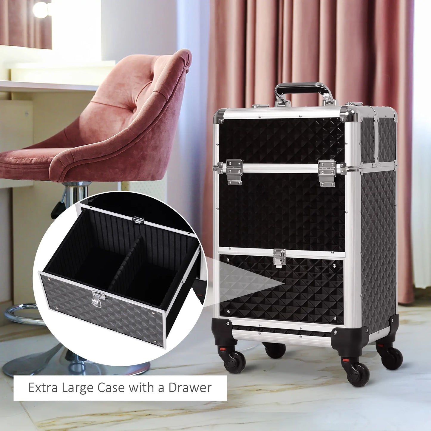 Portable Aluminum Makeup Train Case, Rolling Cosmetic Organizer, 4 Wheels, Black Makeup Cases at Gallery Canada
