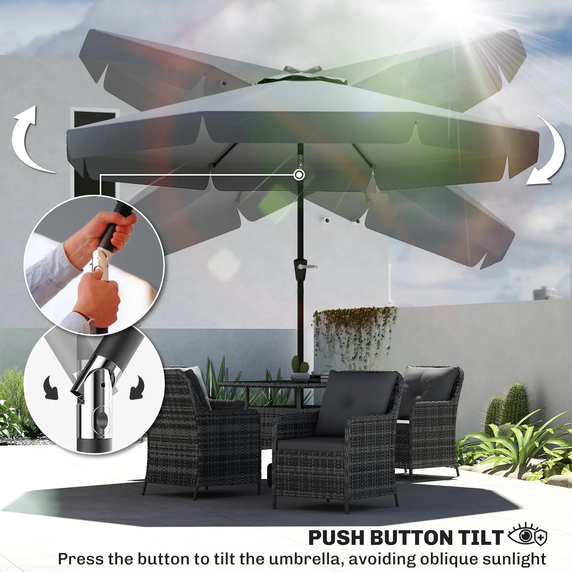 8.5 ft Round Patio Umbrella, Tilt and Crank, Dark Grey Sun Umbrellas at Gallery Canada