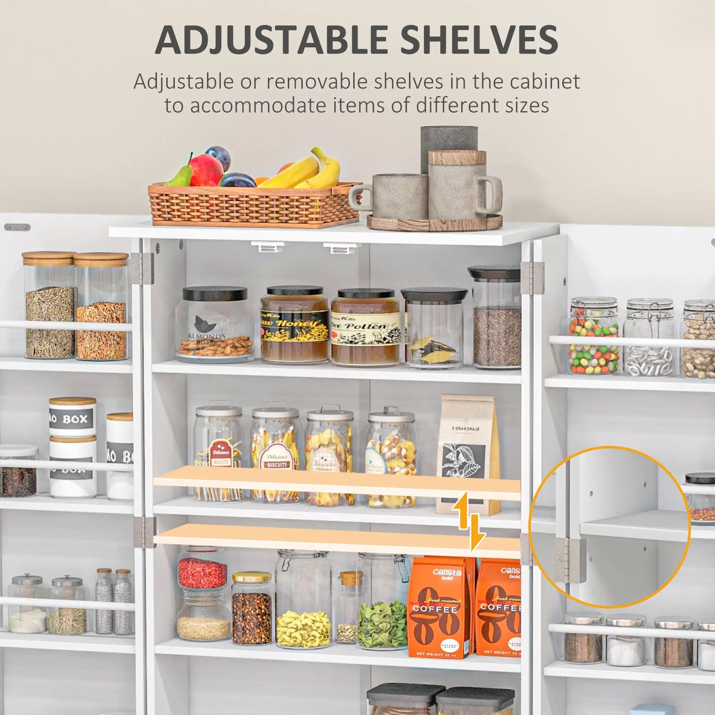 44" Storage Cabinet, 2-Door Kitchen Pantry, 4-Tier Shelving, 8 Spice Racks