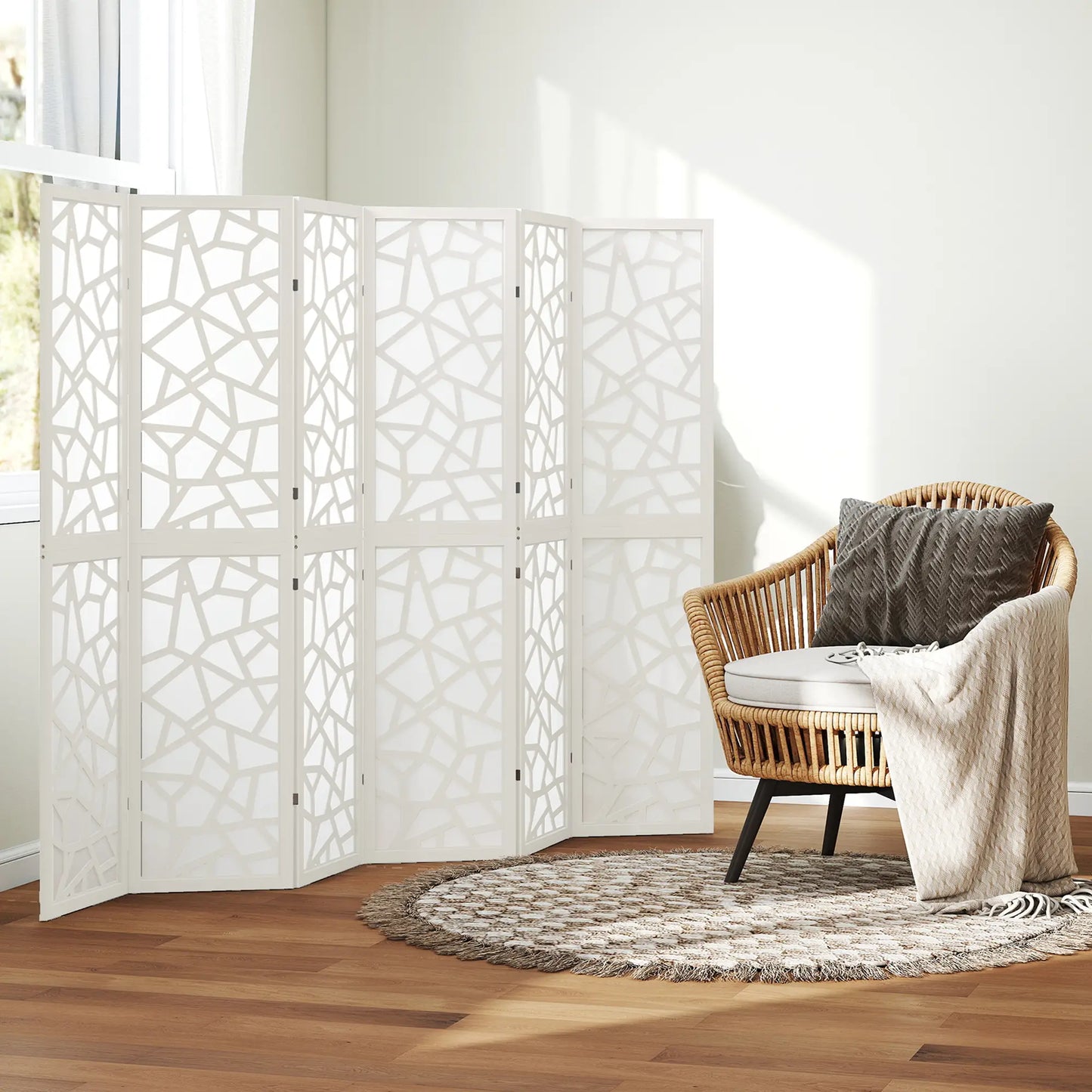 6 Panel Room Divider, 5.6 FT, Geometric Pattern Privacy Screen, White Room Dividers at Gallery Canada