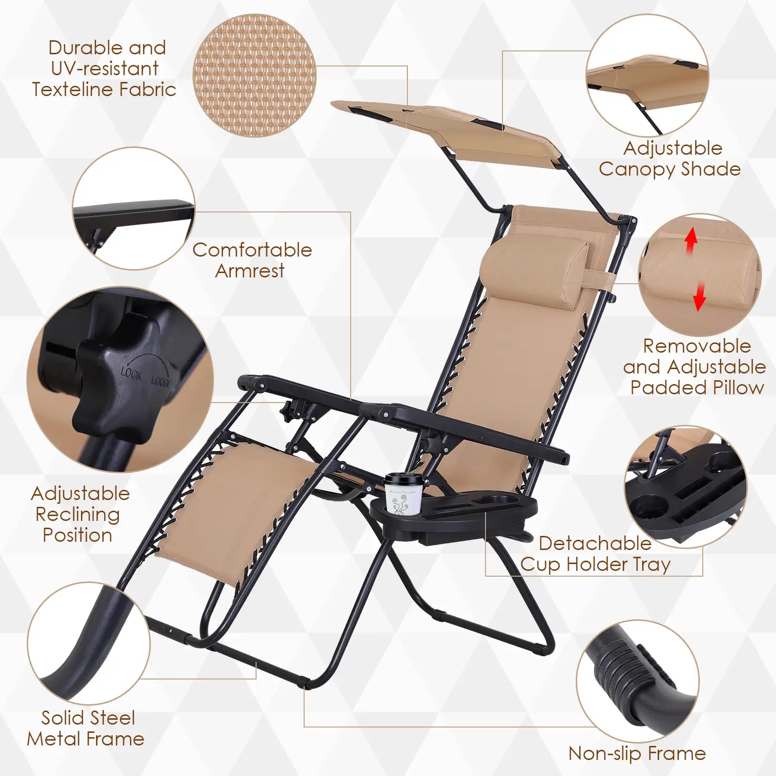 2 Piece Foldable Lounge Chair with Canopy, Outdoor Zero Gravity Chair, Beige Lounger Chairs at Gallery Canada