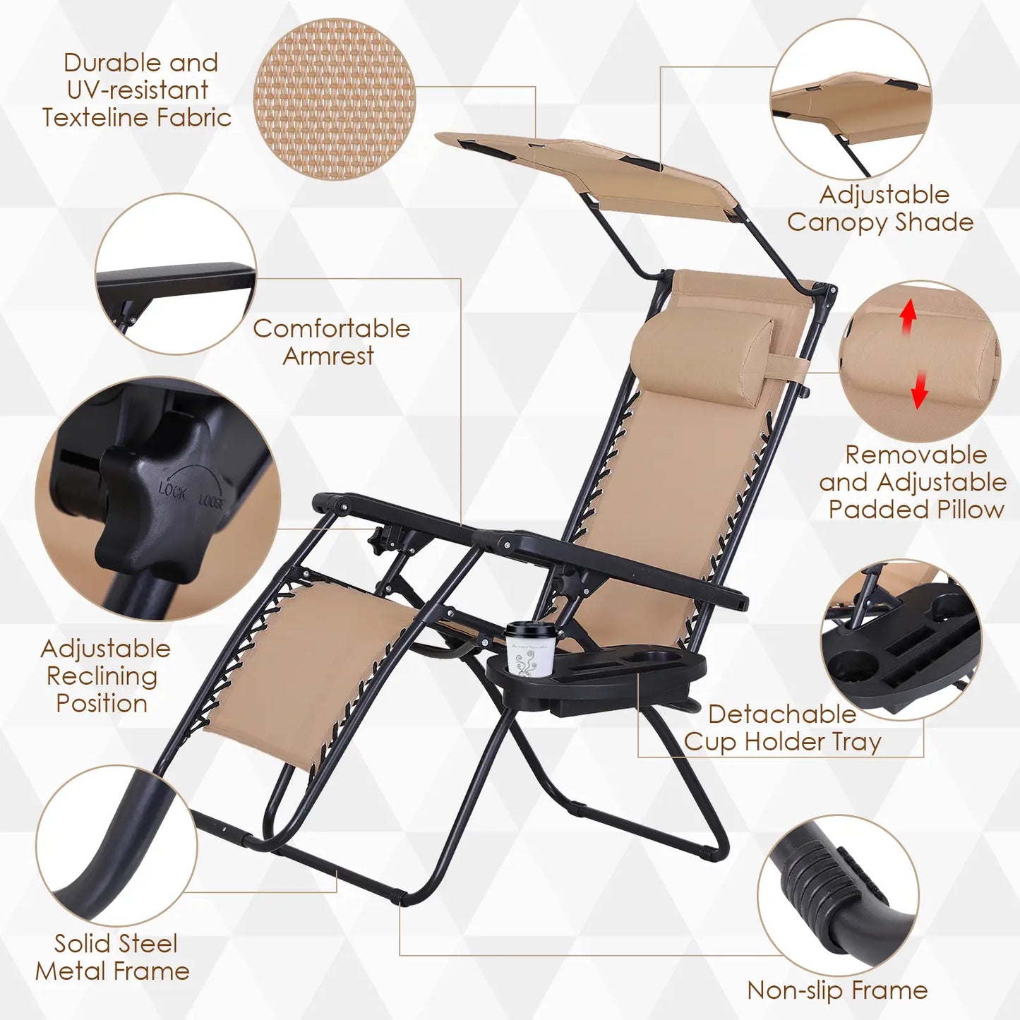 2 Piece Foldable Lounge Chair with Canopy, Outdoor Zero Gravity Chair, Beige Lounger Chairs at Gallery Canada