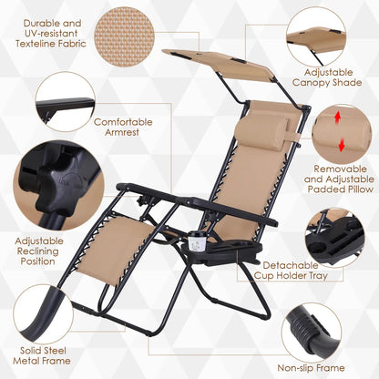 2 Piece Foldable Lounge Chair with Canopy, Outdoor Zero Gravity Chair, Beige Lounger Chairs at Gallery Canada
