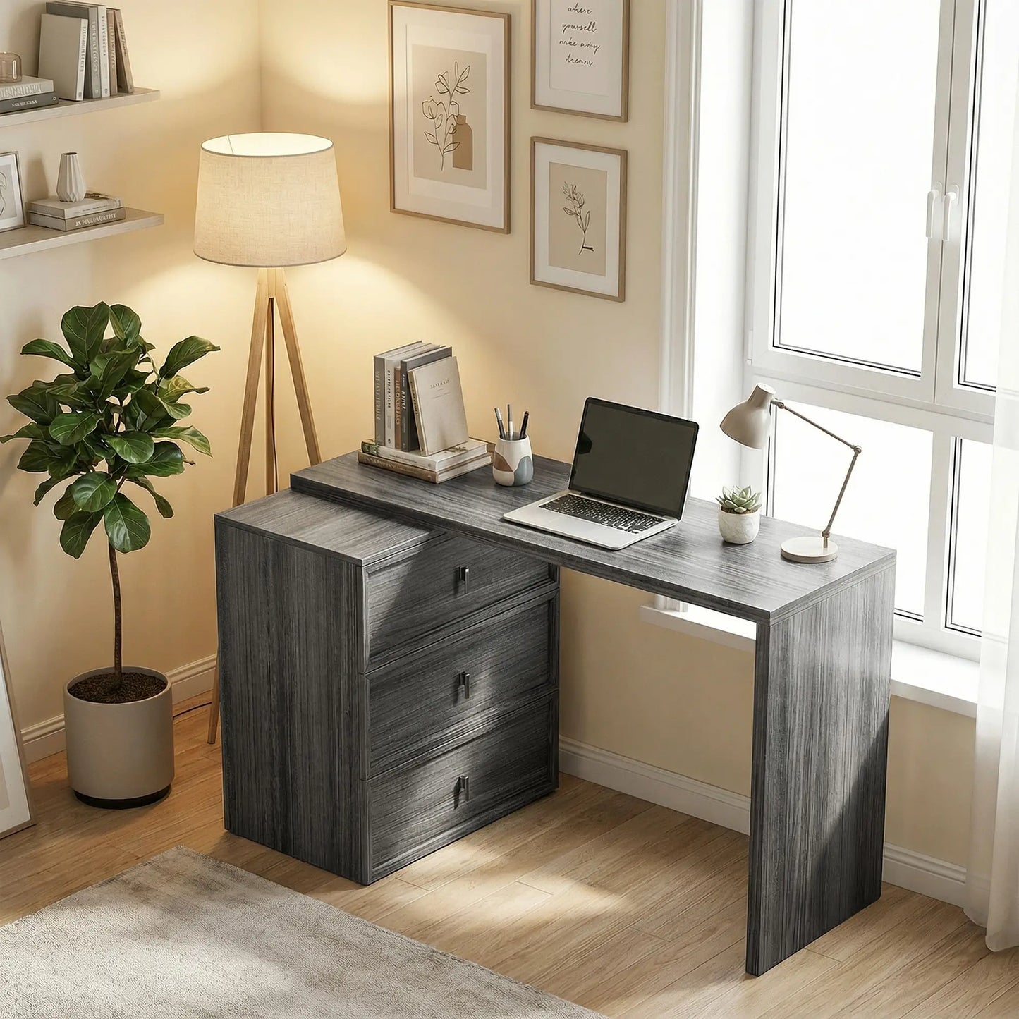 L-Shaped Computer Desk, 3 Drawers, Black Wood Grain, Black Computer Desks at Gallery Canada