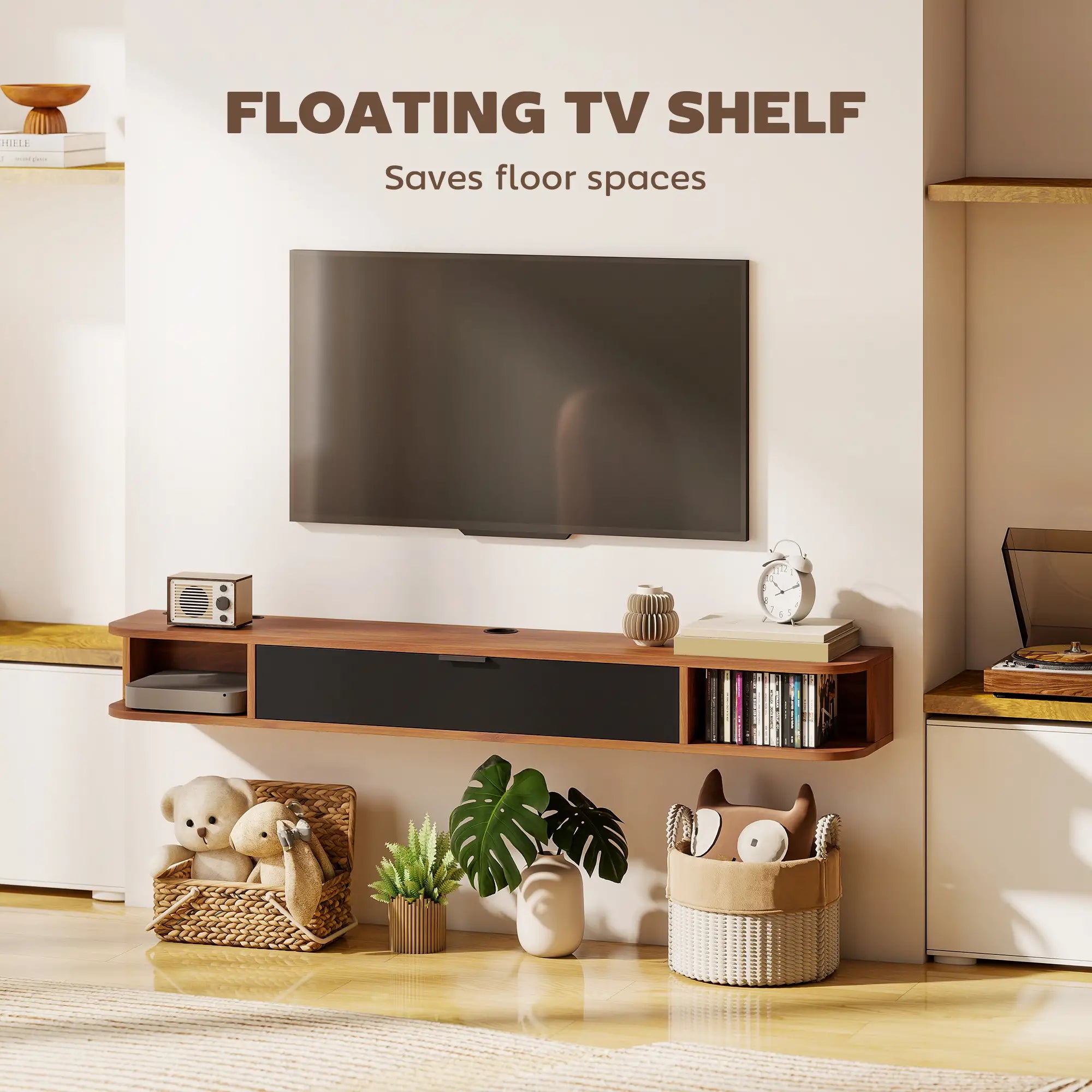 55 Inch Floating TV Stand, Wall Mounted Media Console, Walnut TV Stands at Gallery Canada