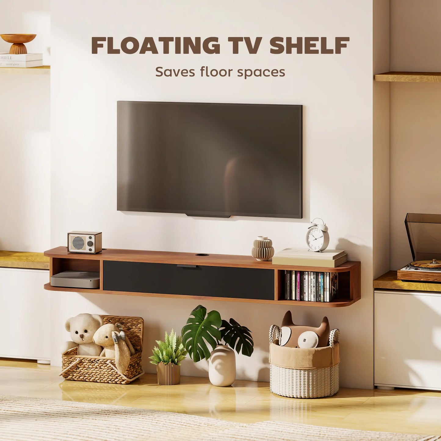 55 Inch Floating TV Stand, Wall Mounted Media Console, Walnut TV Stands at Gallery Canada