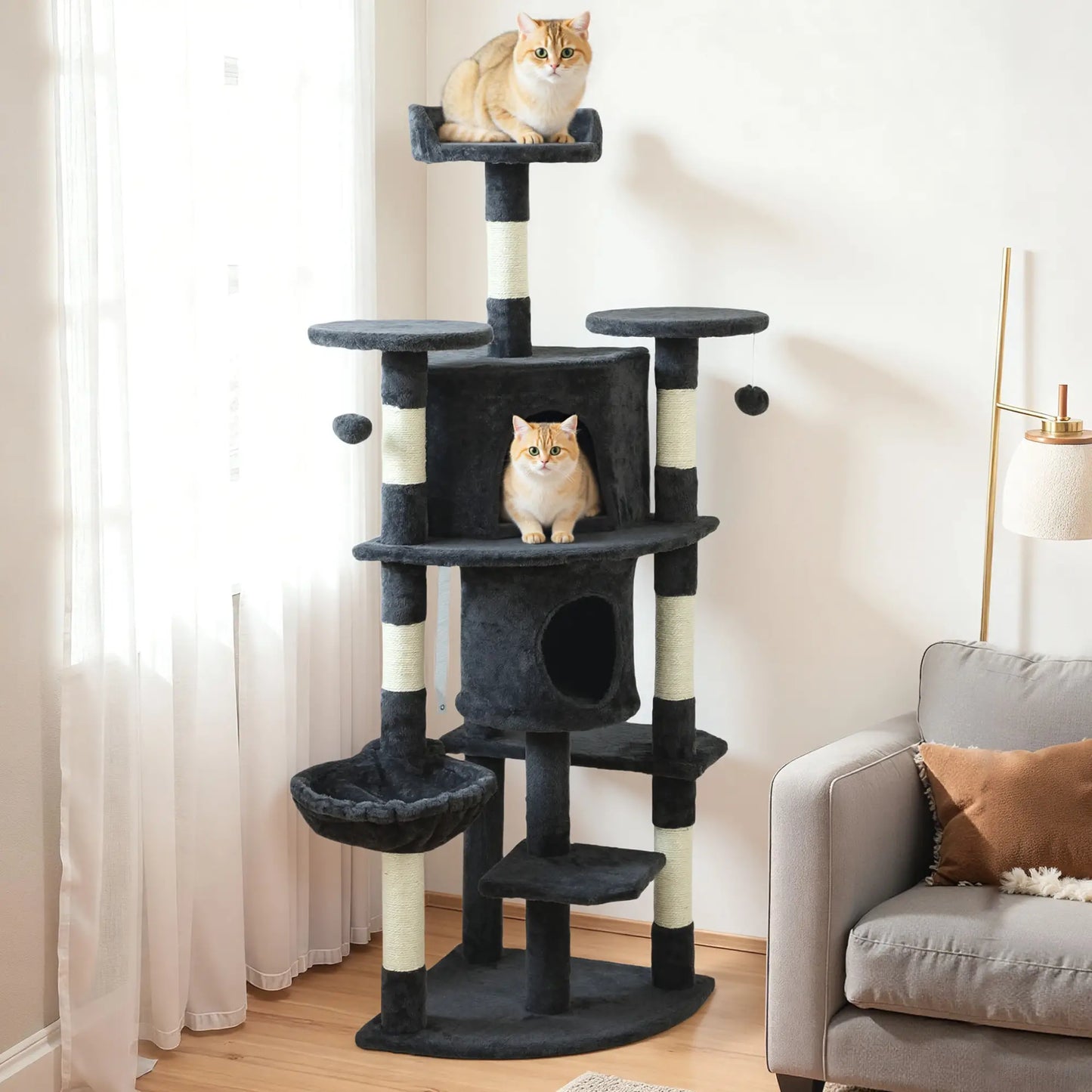 62" Cat Tree, Scratching Post, 2 Condos, Hammock, Perches, Dark Grey