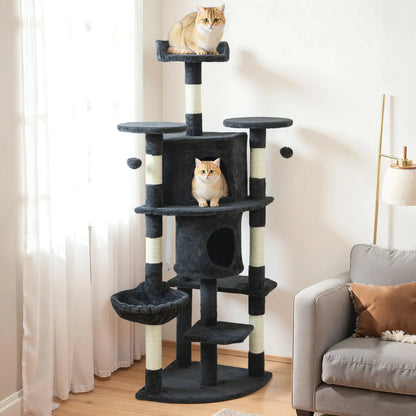 62" Cat Tree, Scratching Post, 2 Condos, Hammock, Perches, Dark Grey