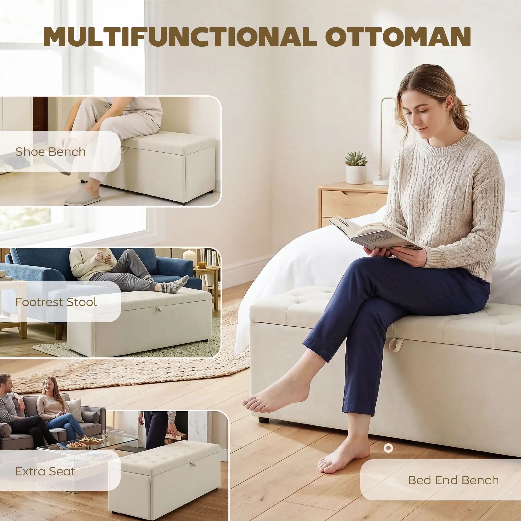 Upholstered Velvet Storage Ottoman Bench, Button Tufted, Beige Storage Ottomans & Benches at Gallery Canada