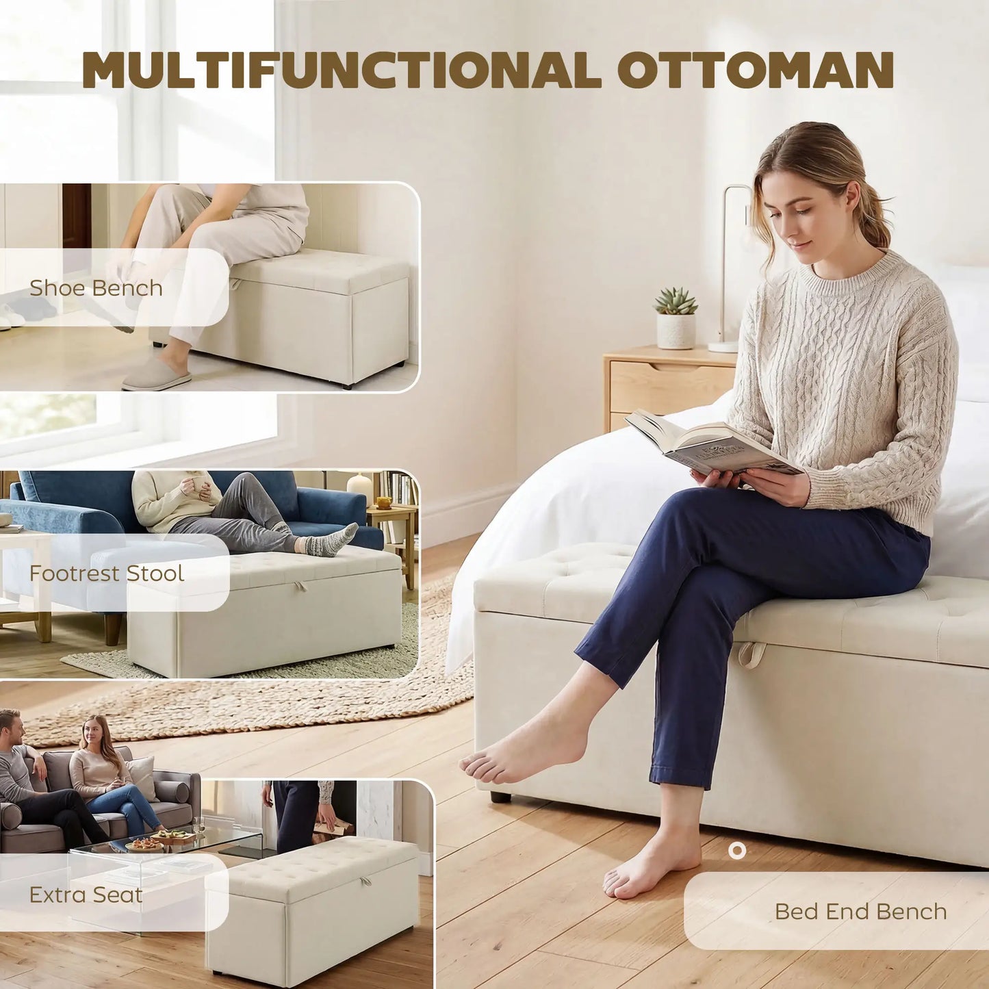 Upholstered Velvet Storage Ottoman Bench, Button Tufted, Beige Storage Ottomans & Benches at Gallery Canada