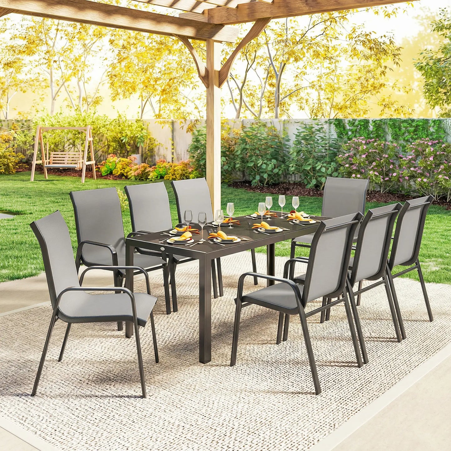 9 Piece Patio Set, Stackable Chairs, Glass Top, Light Grey Outdoor Dining Sets at Gallery Canada