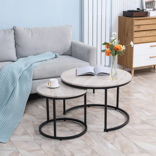 Nesting Coffee Tables Set of 2, Round, Metal Frame, Wood Grain, Grey Living Room Furniture Grey at Gallery Canada