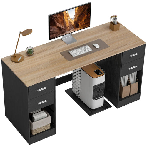 55 Inch Office Desk, Black Wood Grain, 4 Reversible Drawers, Mobile PC Stand, Black