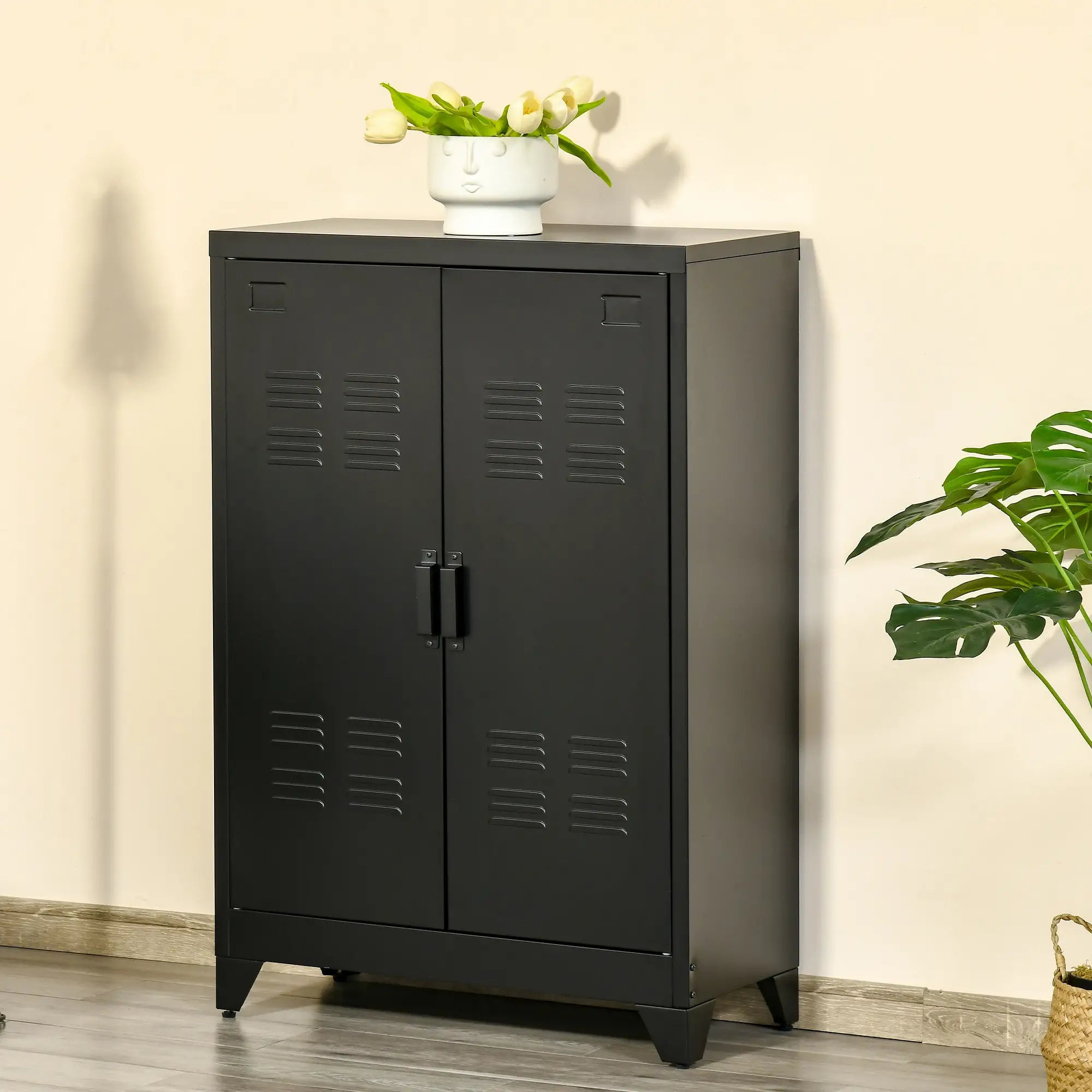 Metal Storage Cabinet, 2 Louvered Doors, Adjustable Shelves, Black Storage Cabinets at Gallery Canada