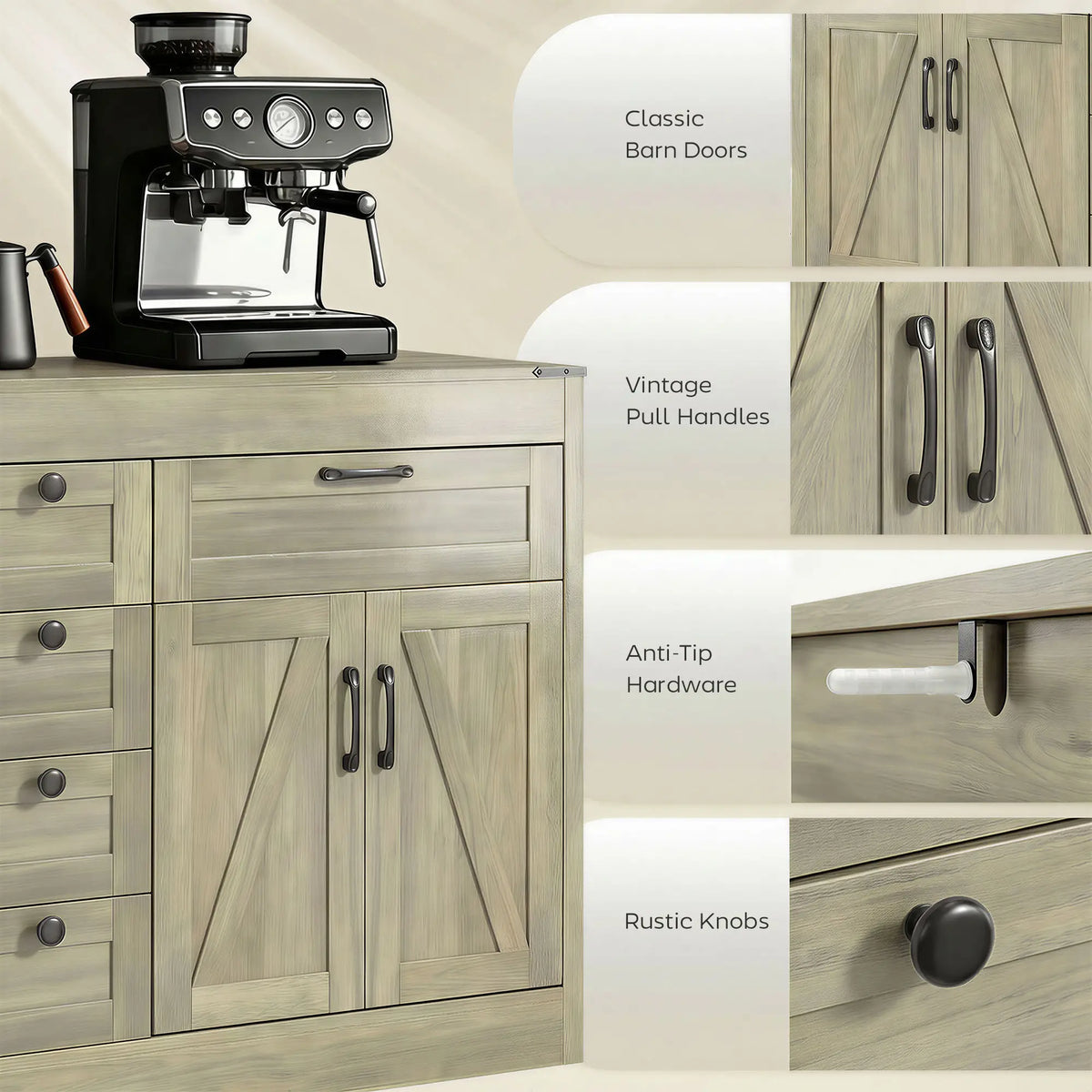 55" Farmhouse Sideboard Buffet Cabinet, 4 Barn Doors, 6 Drawers, Grey Bar Cabinets at Gallery Canada