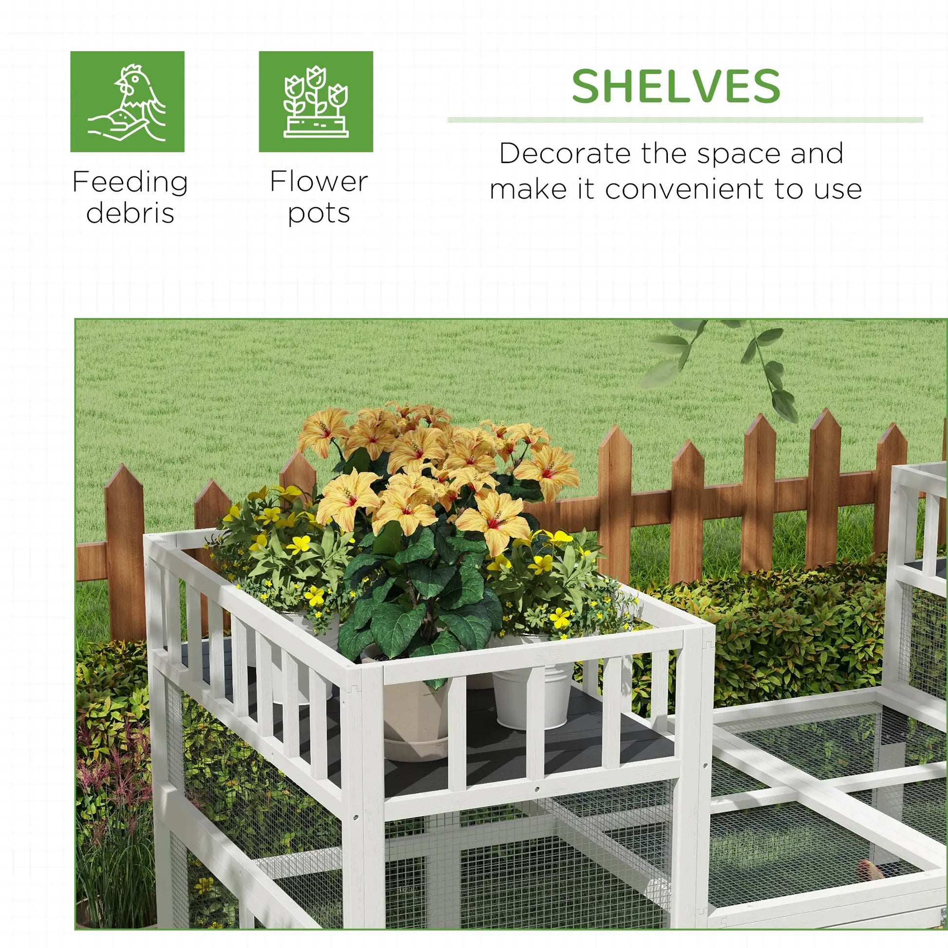 7.3' x 3.6' Wooden Chicken Coop, Storage Shelf, White Chicken Coops at Gallery Canada