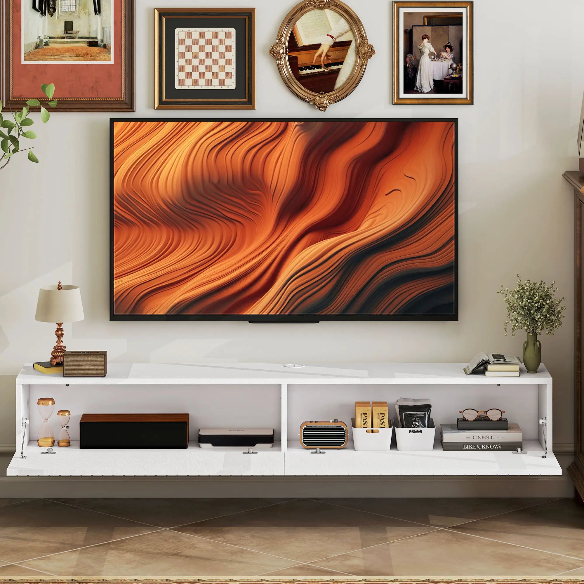 55 Inch Floating TV Stand, Wall Mount Media Console, 2 Fluted Doors, White TV Stands at Gallery Canada