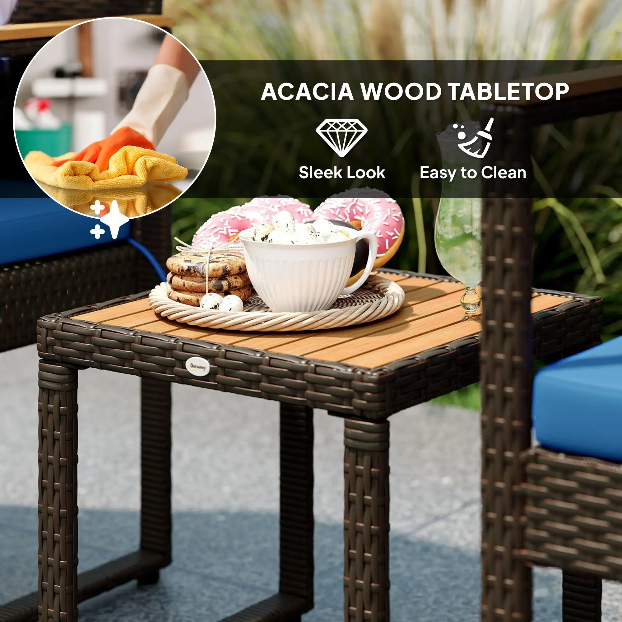 3-Piece Wicker Patio Set, Rattan Bistro, Acacia Table, Dark Blue Bistro Sets at Gallery Canada