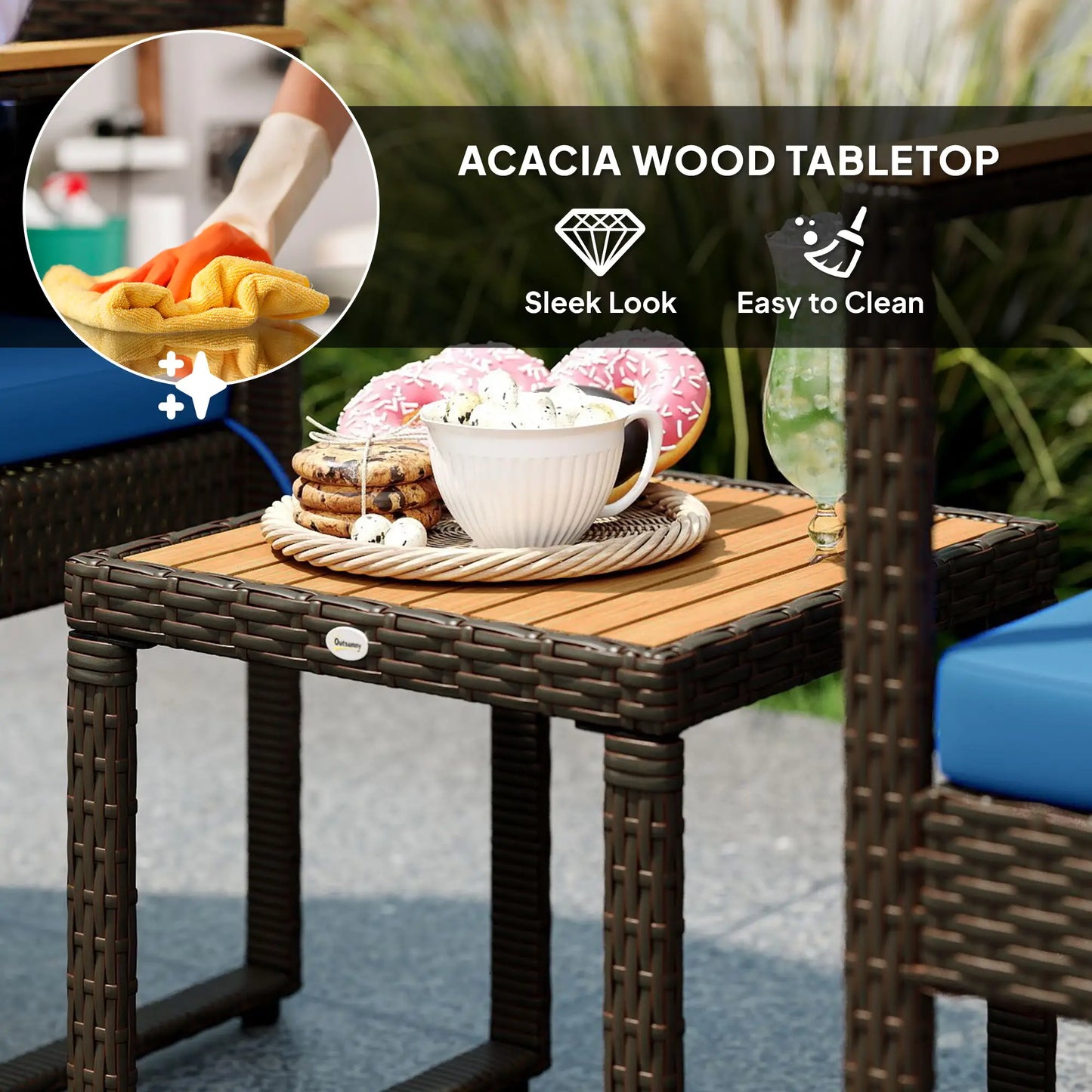 3-Piece Wicker Patio Set, Rattan Bistro, Acacia Table, Dark Blue Bistro Sets at Gallery Canada