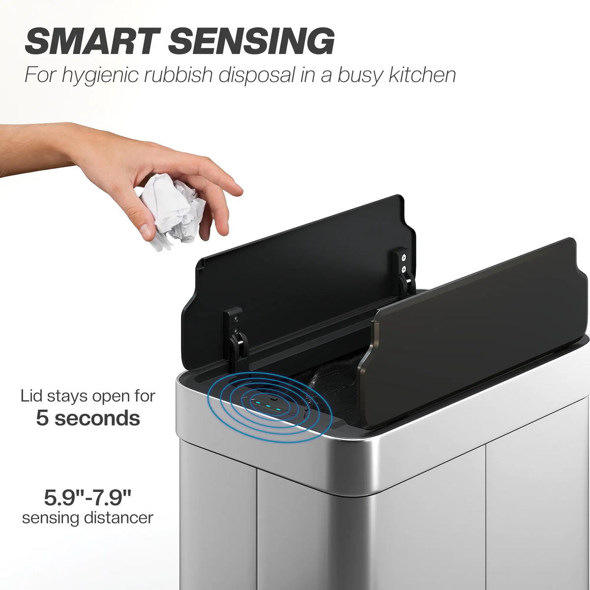 13.2 Gallon Sensor Can, Automatic Garbage Can, Soft Close Butterfly Lid, Fingerprint Proof Stainless Steel, Silver