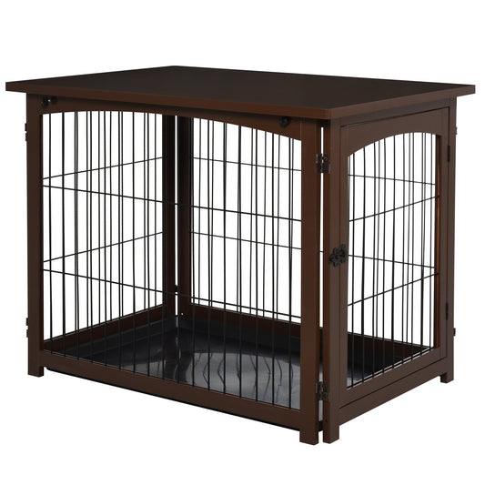Wooden Decorative Dog Cage Pet Crate Fence Side Table Small Animal House with Tabletop, Lockable Door, Brown - Gallery Canada