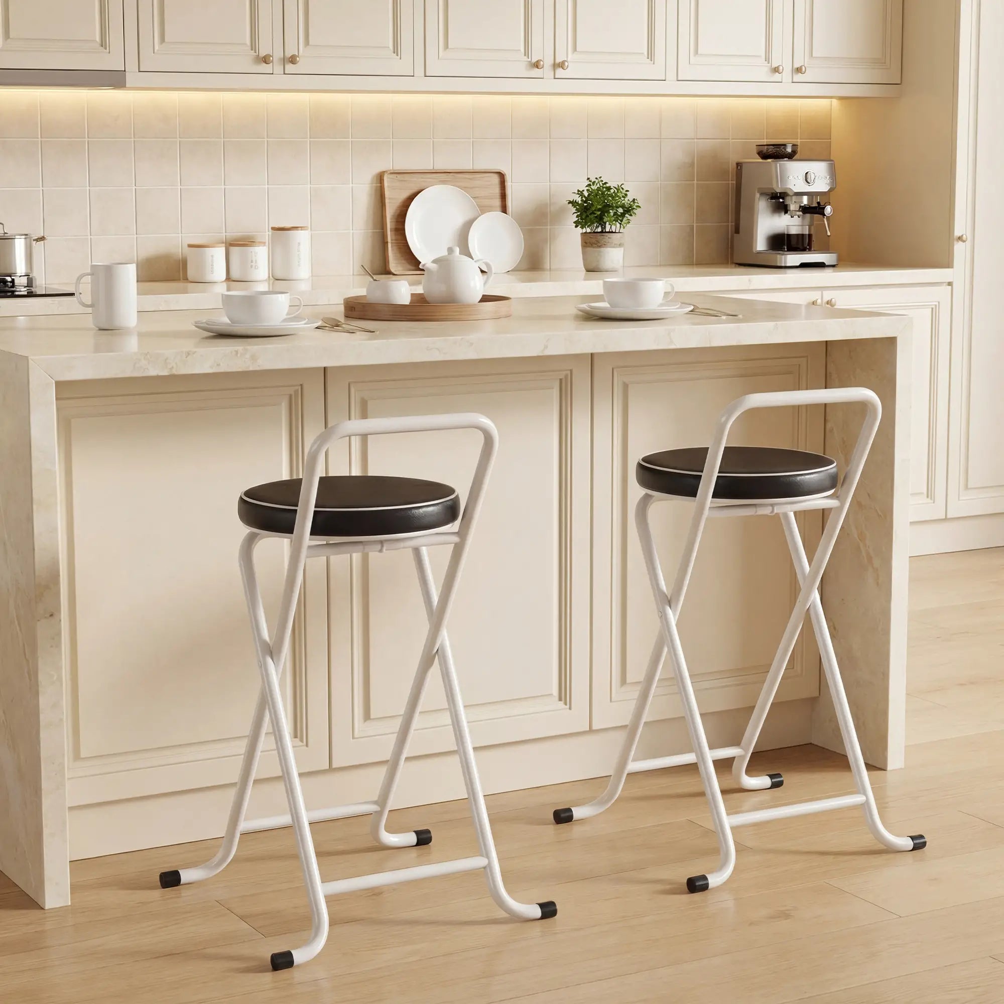 Foldable Bar Stools Set Of 2, PU Cushioned Seat, Footrest, Black Bar Stools at Gallery Canada