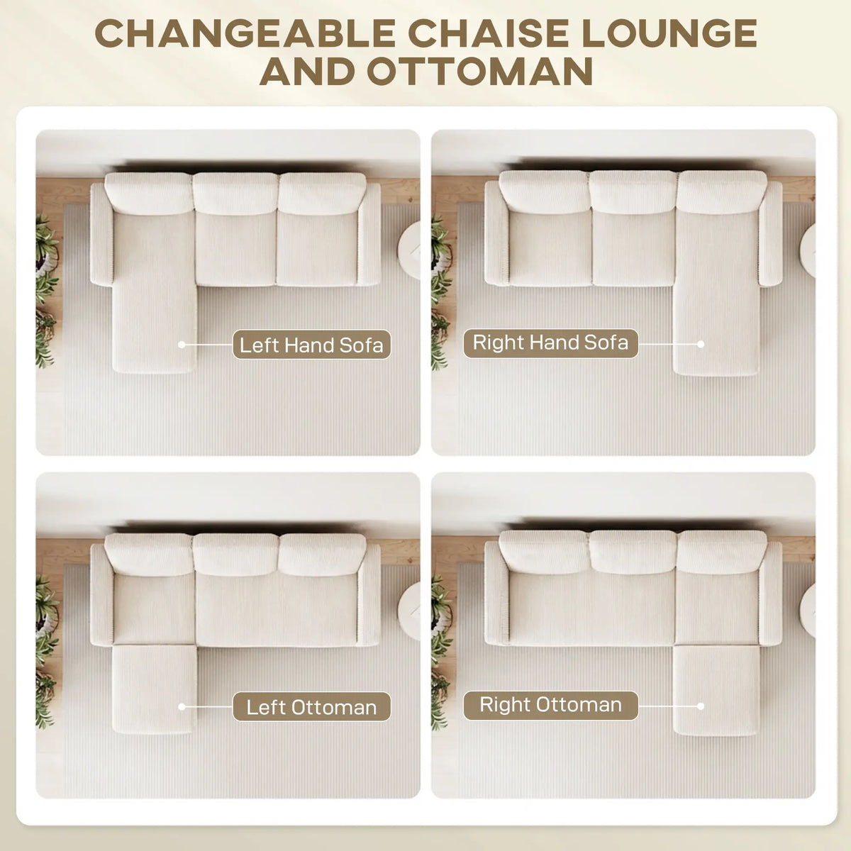 L Shaped Sectional Sofa, With Chaise Or Ottoman, Cream White 3-Seater Sofas at Gallery Canada