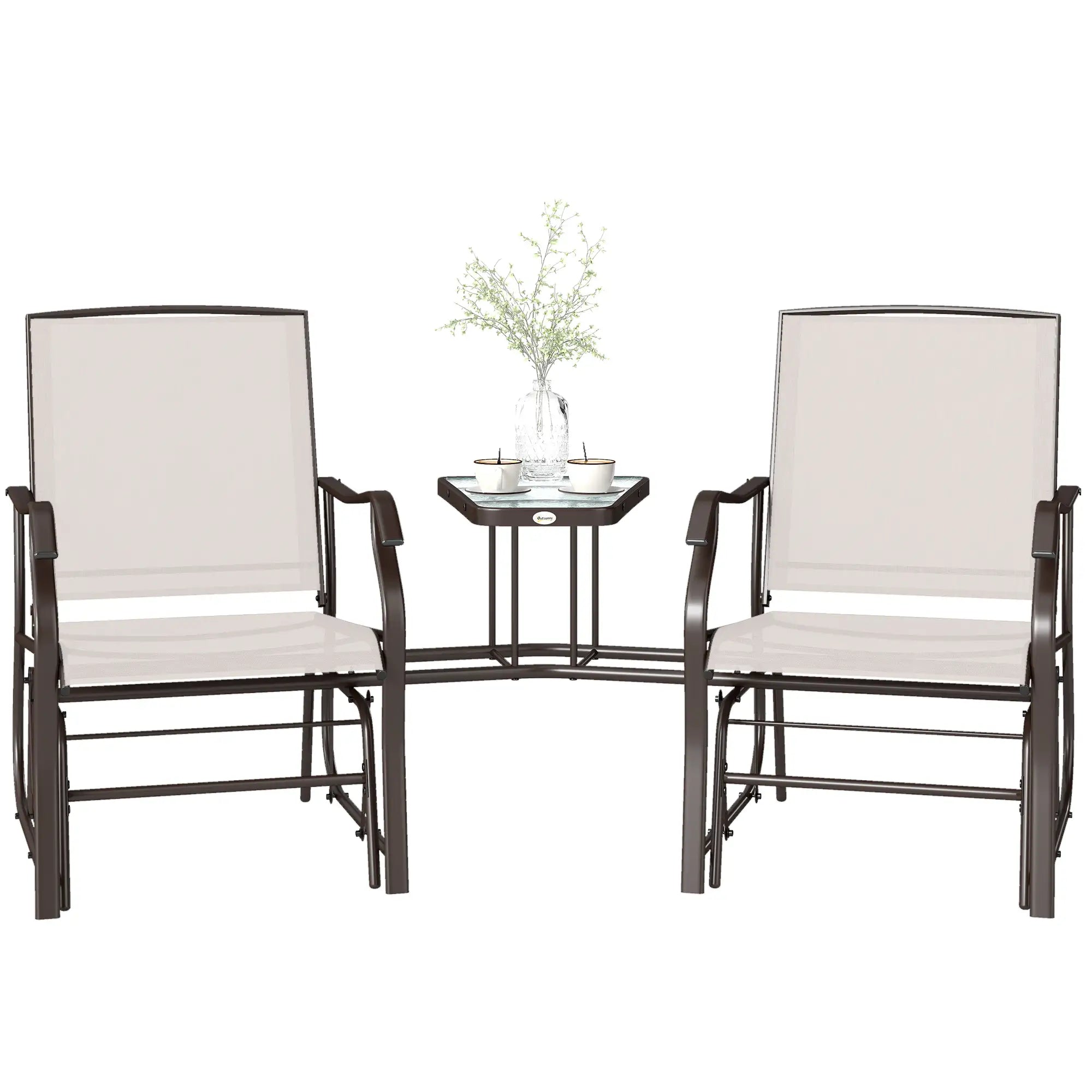Double Glider Chair, Glass Top Table, High Back, Sling Fabric, Beige Outdoor Gliders at Gallery Canada