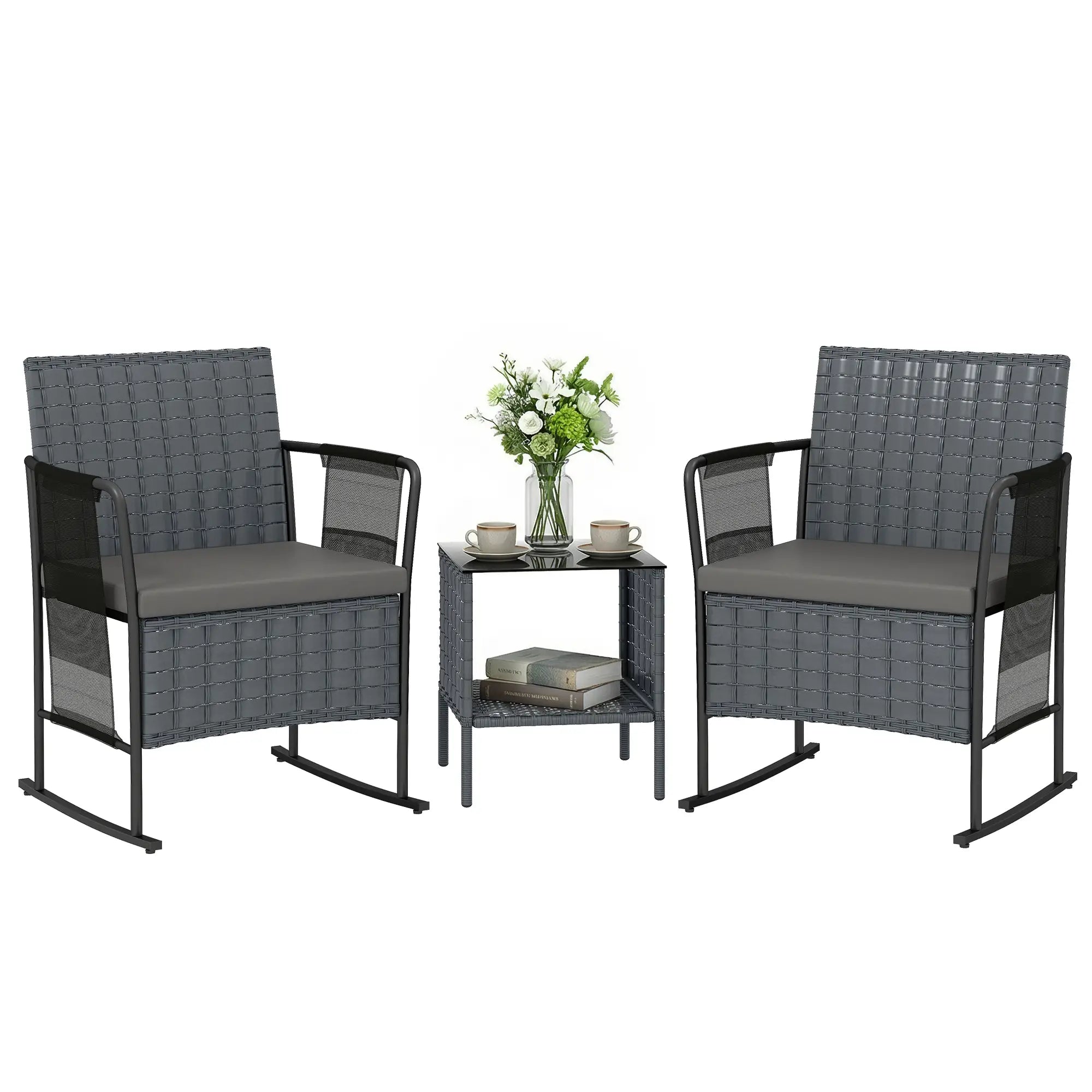 3-Piece Rocking Bistro Set, Mesh Seat, Cushions, 2-Tier Table, Grey Bistro Sets at Gallery Canada