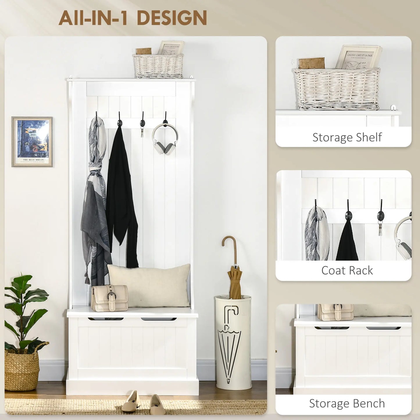 3-In-1 Hall Tree, Coat Rack, Shoe Storage, Bench Seat, Entryway Bench, 4 Hooks Clothing Storage at Gallery Canada