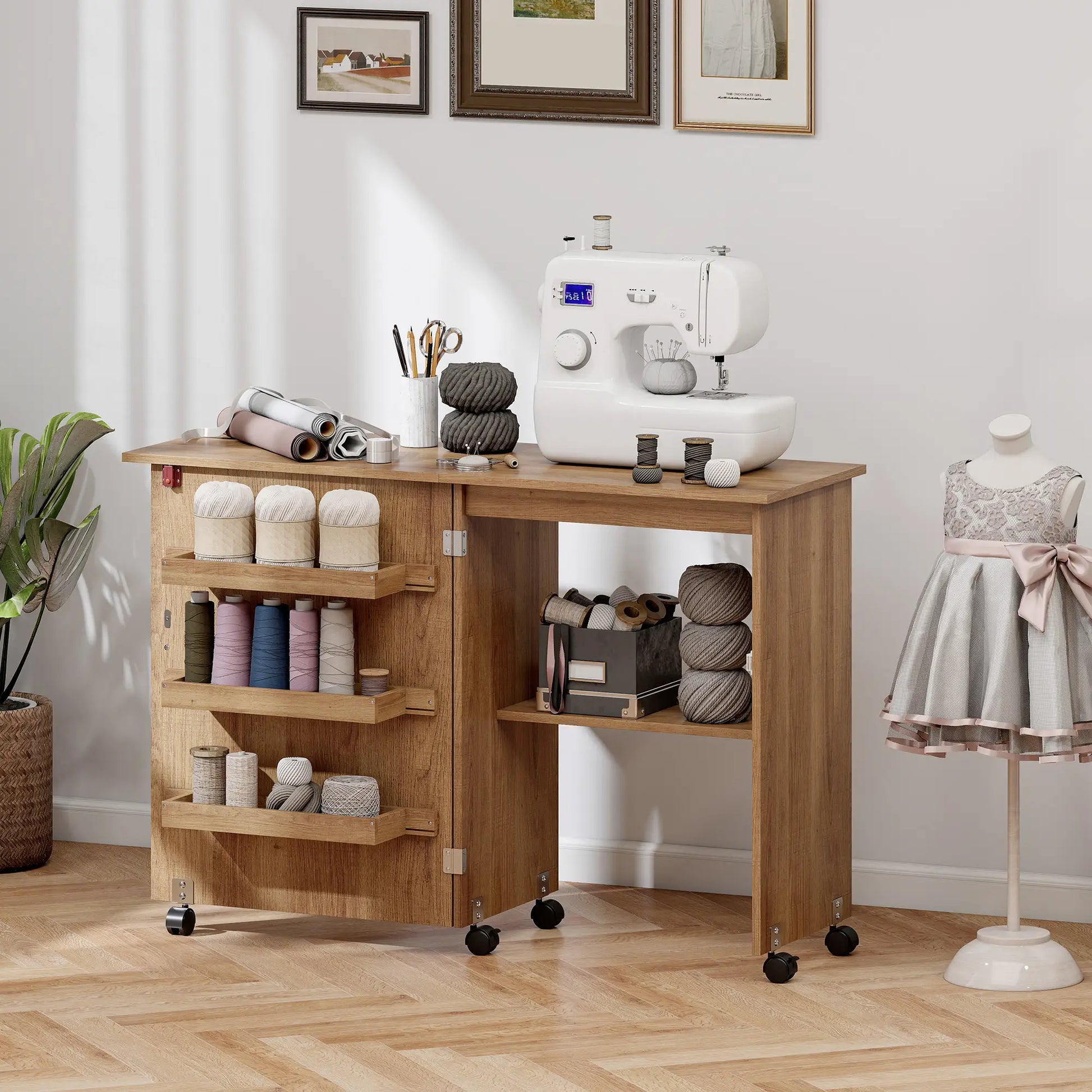 Sewing Machine Cabinet, Folding Table with Storage, Brown Storage Cabinets at Gallery Canada