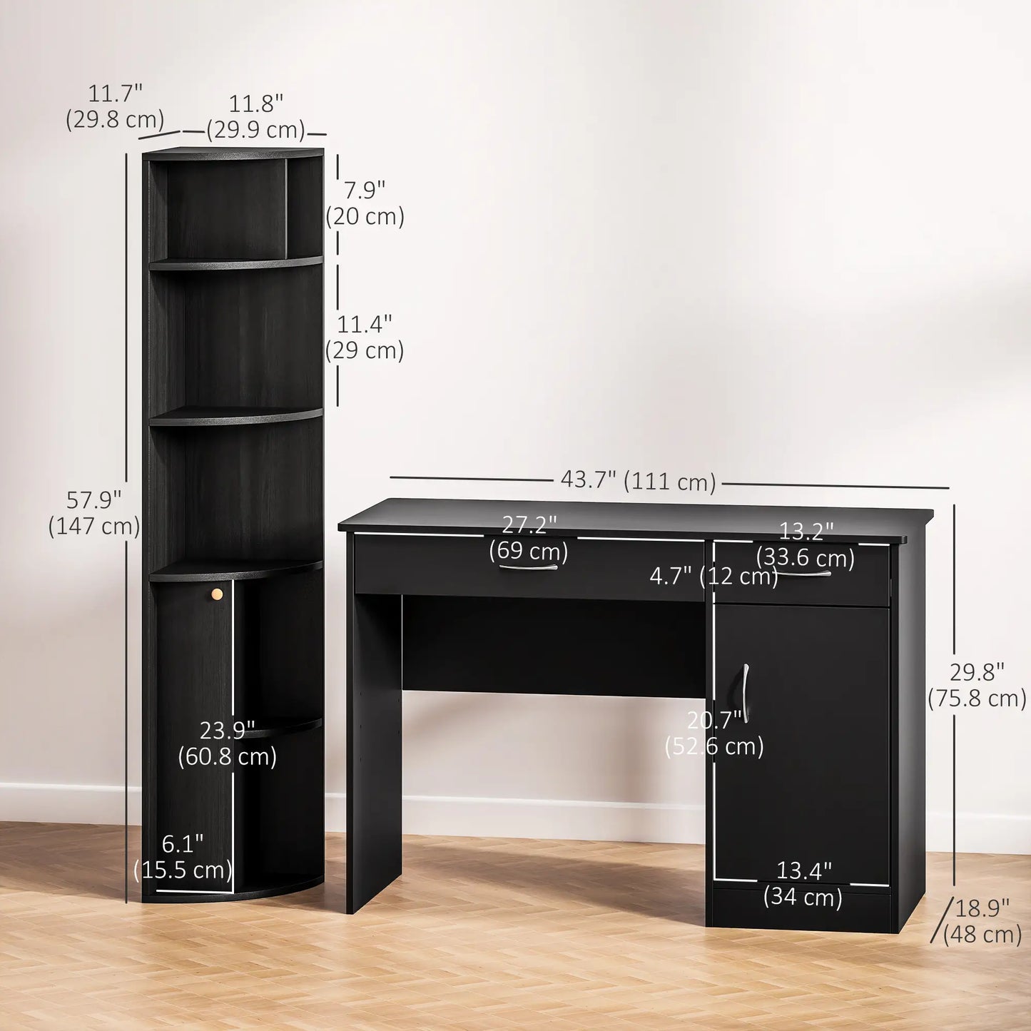 Computer Desk With Bookcase, Adjustable Shelf, Black
