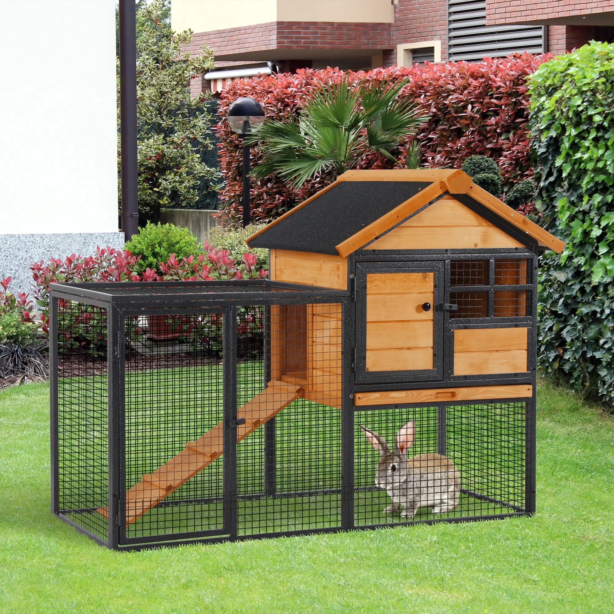Large Rabbit Hutch, Bunny Cage Pet House, Slide-Out Tray, Lockable Door, Water-Resistant Roof, 48