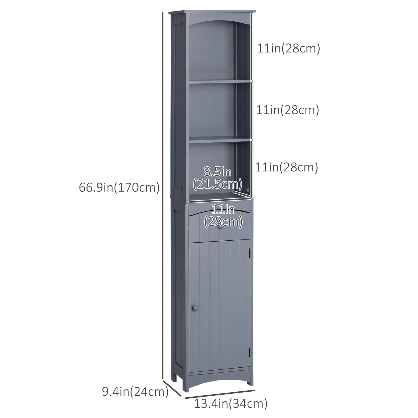 Tall Bathroom Storage Cabinet, 3-Tier Shelves with Drawer, Door, Grey Bathroom Cabinets at Gallery Canada