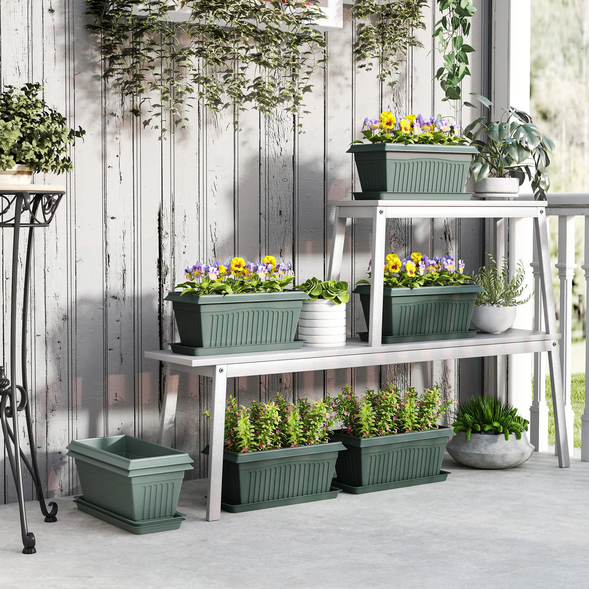 7 Pack 15.7" Plastic Flower Planters, Drainage Holes, Trays, Green Garden Accessories at Gallery Canada