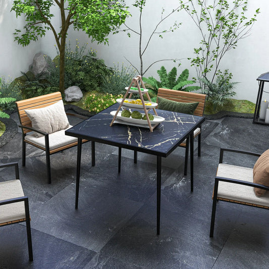 Square Patio Dining Table for 4, Marble Effect Glass Top, Steel Frame, Black Patio Dinning Tables Black at Gallery Canada