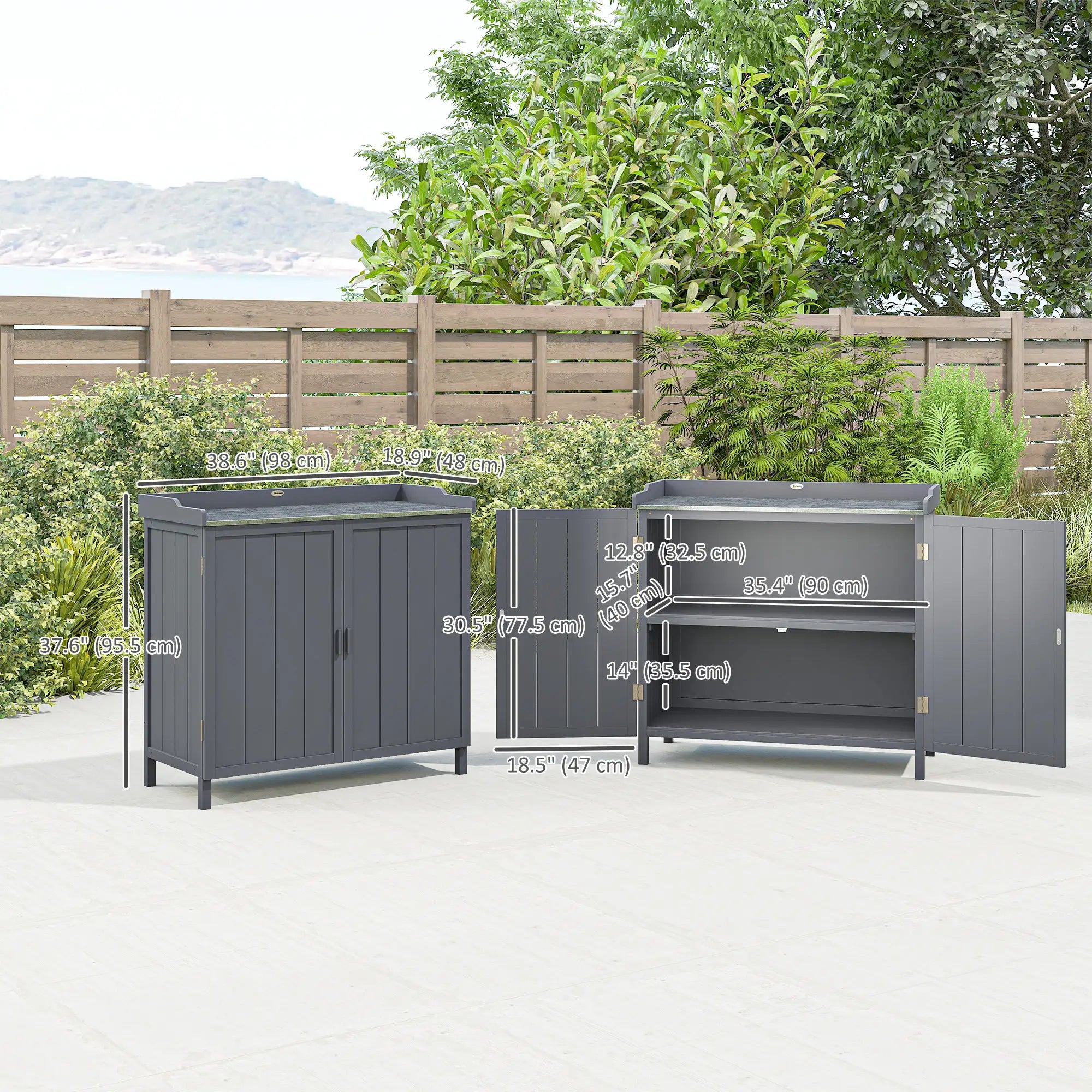Outdoor Garden Storage Cabinet, Potting Bench with Galvanized Top, Grey Sheds at Gallery Canada
