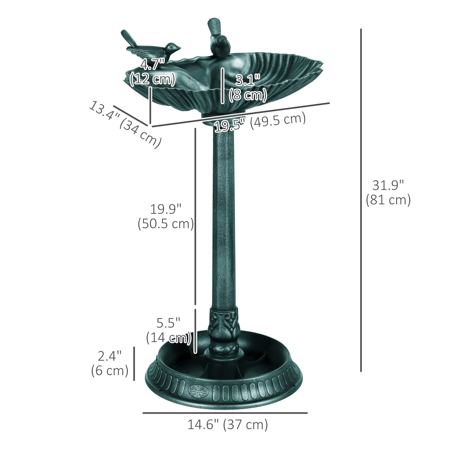32" Bronze Green Bird Bath With Decorative Birds, Flower Planter Base, Bronze Green Garden Decor at Gallery Canada