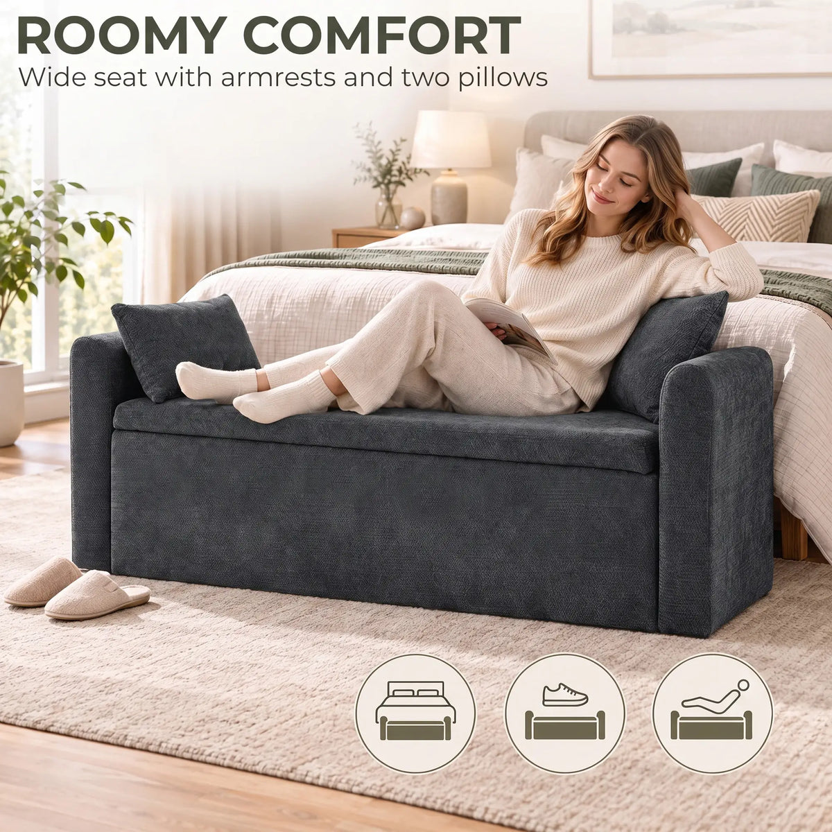 54" Storage Ottoman Bench with Pillows, Dark Grey, Dark Grey Storage Ottomans & Benches at Gallery Canada